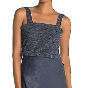 NEW NWT BOBEAU Ribbed Marl Tank Navy Blue White Sleeveless Square Neck Top Small